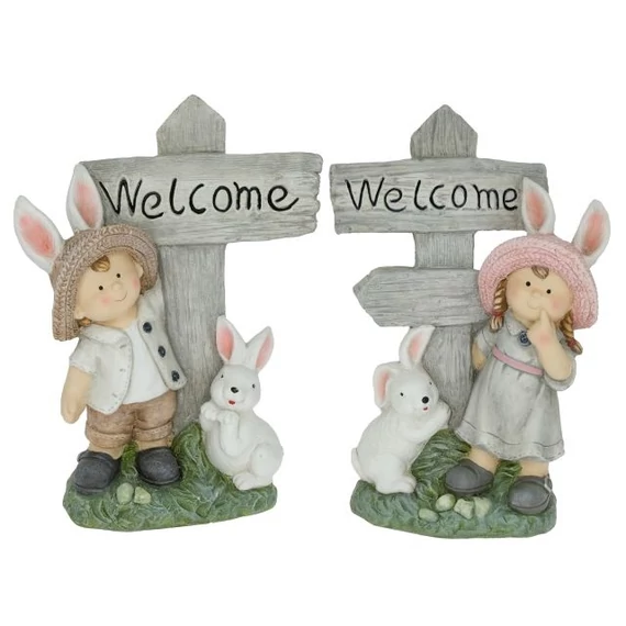 Gyerek fiú, lány, táblával, "Welcome" felirattal, álló, kerámia, rózsaszín, bézs, 28x18,5x41 cm, 2 féle