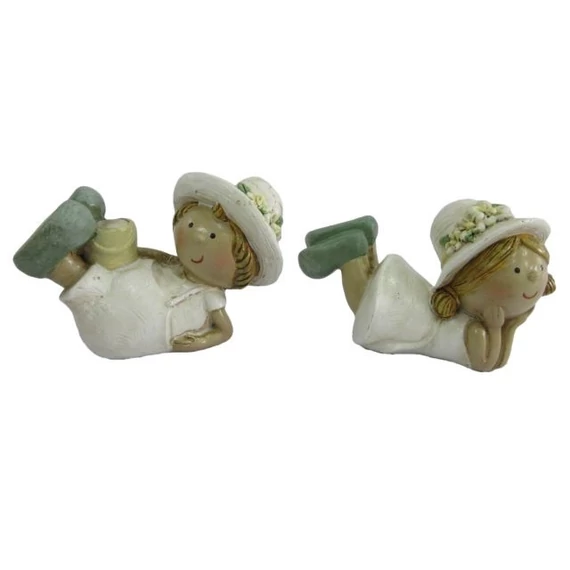 Fekvő gyerek, fiú, lány, vödörrel, poly, fehér, bézs, 9x4x6,5 cm, 2 féle