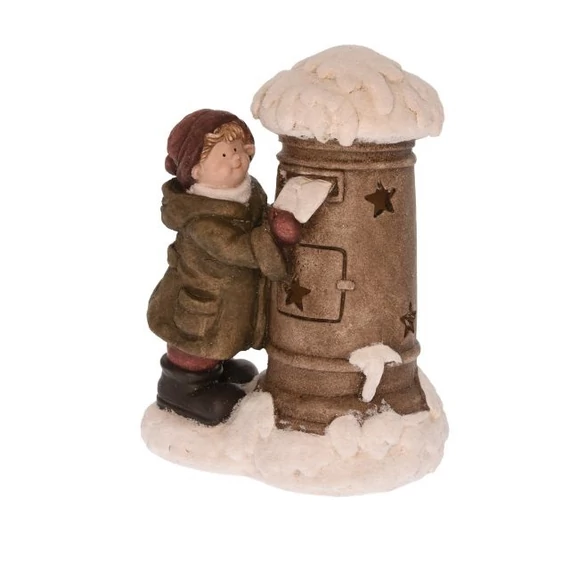 Gyerek postaládával dekoráció, 23,5x16,5x30 cm, barna-fehér