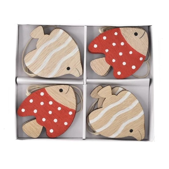 Akasztós, pöttyös, csíkos hal fa 12,5x10x1,5 cm natúr, piros 8 db