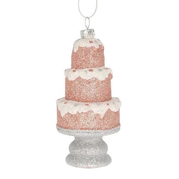 Akasztós háromszintes torta figura, 5,8x5,8x11,3 cm, rózsaszín és ezüst