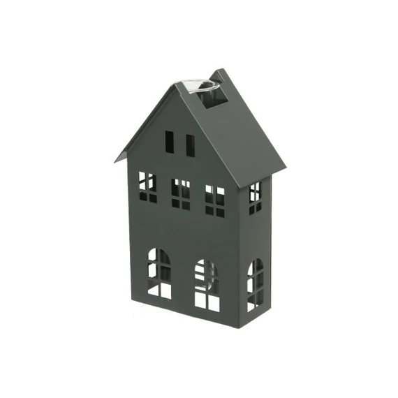 Ház, kémcső vázával, fém, olajzöld, 10x4x16 cm