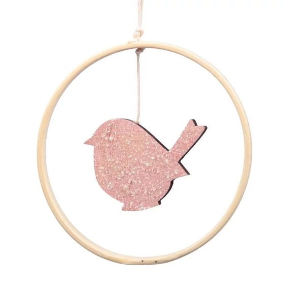 Akasztós fa karika madárral, rózsaszín, 10 cm, S/2