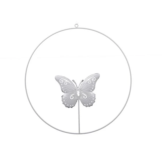 Akasztós fém karika pillangóval fehér 40 cm