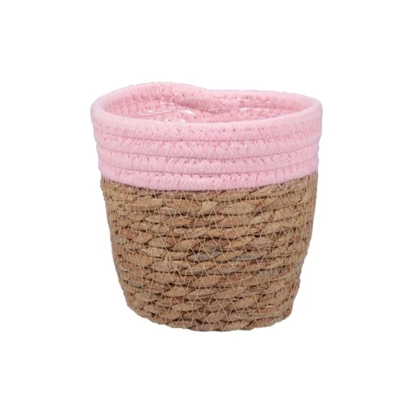 Rattan kaspó bélelt, 13,5x13,5 cm, natúr-rózsaszín