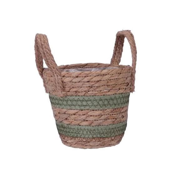 Rattan kaspó füllel, bélelt, 15x13 cm, natúr-zöld