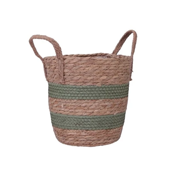 Rattan kaspó füllel, bélelt, 19x19 cm, natúr-zöld