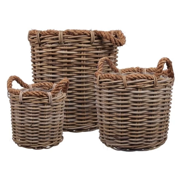 Kerek bélelt vessző kaspó füllel, 30/36/46 cm, natúr (3 db)