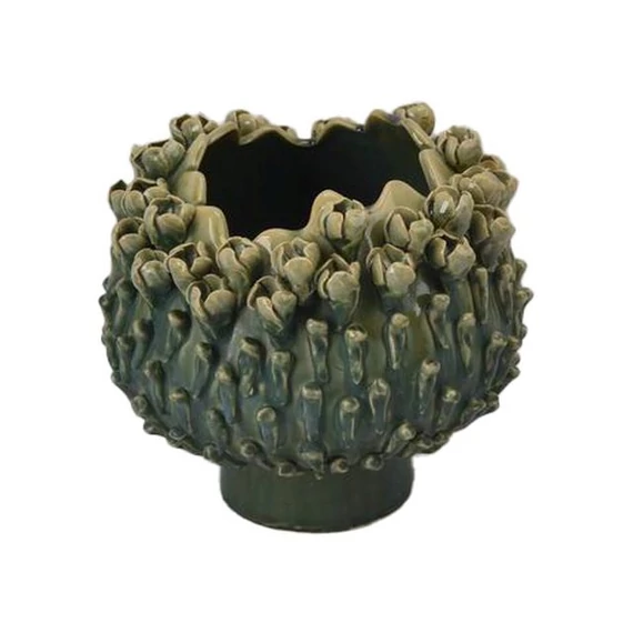 Kaspó kerámia gömbölyű 3D növény mintával türkizkék, zöld 22×22×19 cm