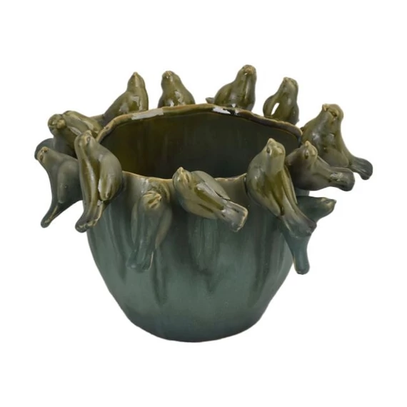 Kaspó kerámia kerek 3D madarakkal türkizkék, zöld 29×29×19,5 cm