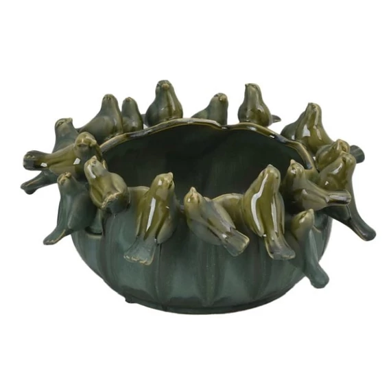 Kaspó kerámia kerek 3D madarakkal türkizkék, zöld 33×32,5×14,5 cm