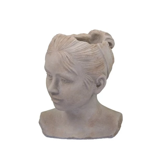 Női fej kaspó, cement, 13,5x11,5x17,5 cm, natúr