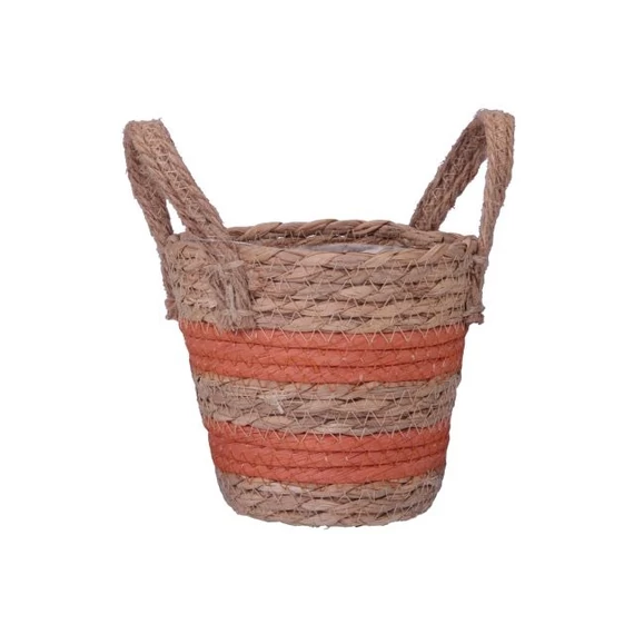 Kosár füllel, rattan, ültethető, natúr-narancssárga, 15x13 cm