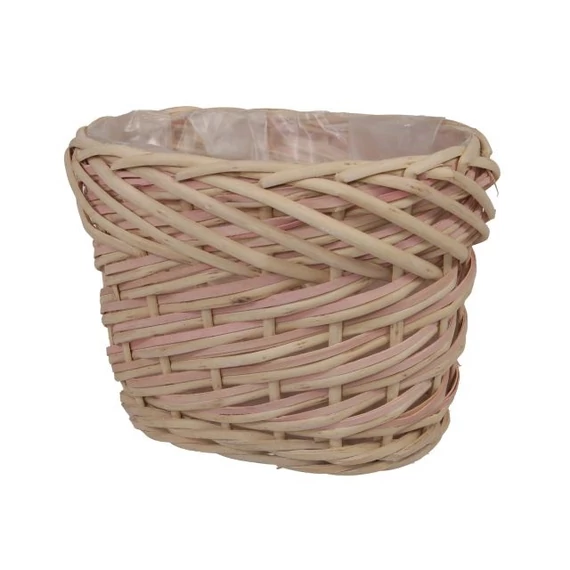 Ültethető kosár, hosszúkás, rattan, natúr, rózsaszín, 20x14x15 cm