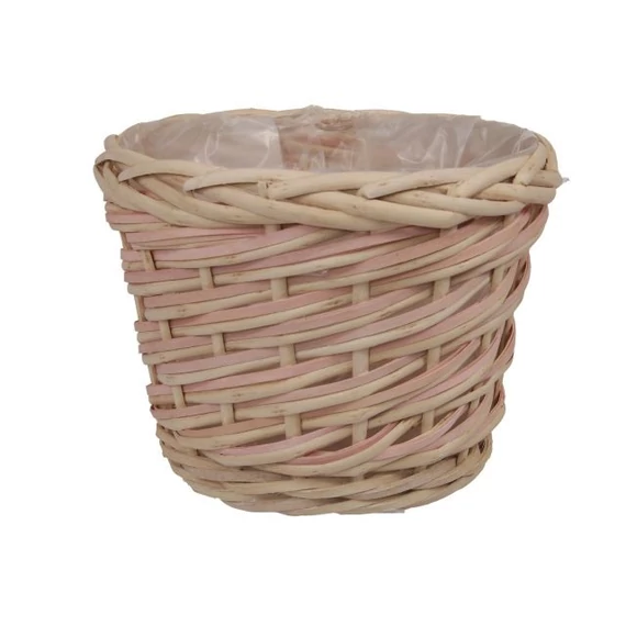 Ültethető kosár, kerek, rattan, natúr, rózsaszín, 17,5x14,5 cm