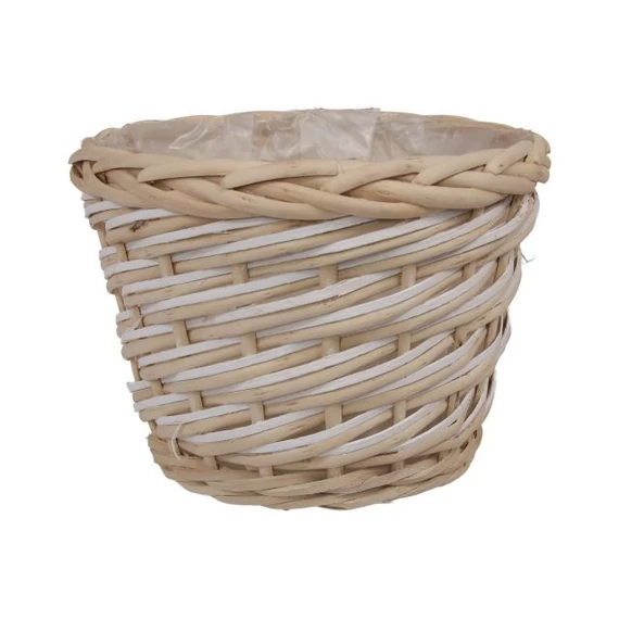 Ültethető kosár, kerek, rattan, natúr, fehér, 19,5x15,5 cm