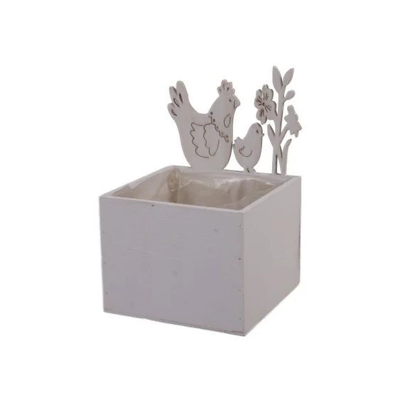 Ültethető kaspó, szögletes, csirke mintával, fa, fehér, 8,5x8,5x12,5 cm