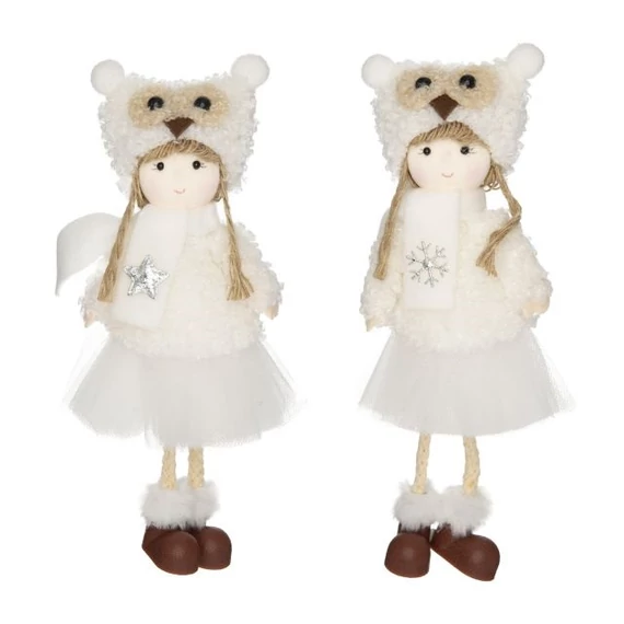 Kislány baglyos sapkában akasztós textil, 19 cm, fehér, 2 féle