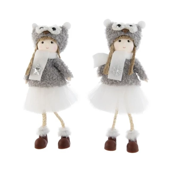 Kislány baglyos sapkában akasztós textil 19cm szürke 2 féle