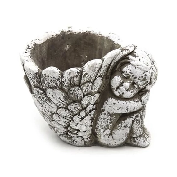 Kőkaspó angyallal cement 16,5x11,5x13 cm szürke
