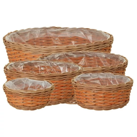Bélelt kerek rattan kosár narancssárga – 5 db-os szett (31, 27, 24, 18, 15 cm)
