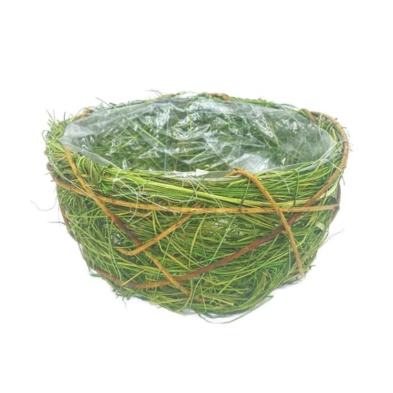 Bélelt szalma kosár, natúr-zöld, 20 cm
