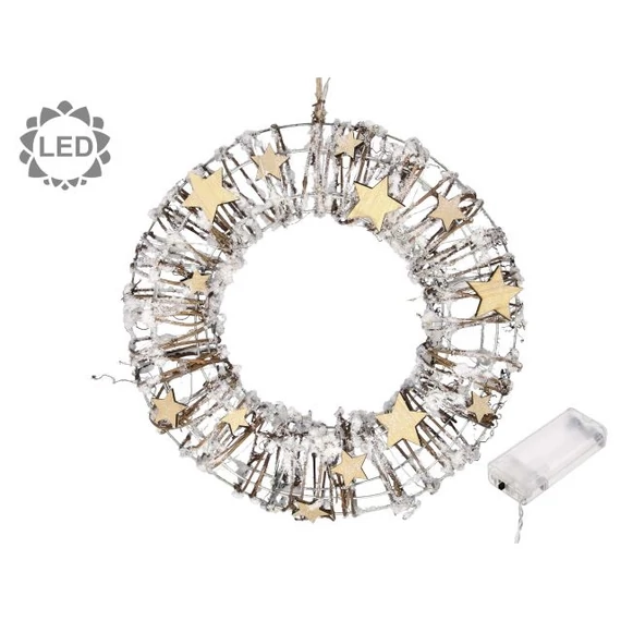 Koszorú, csillaggal, havas, LED-es, fa, 35 cm, natúr