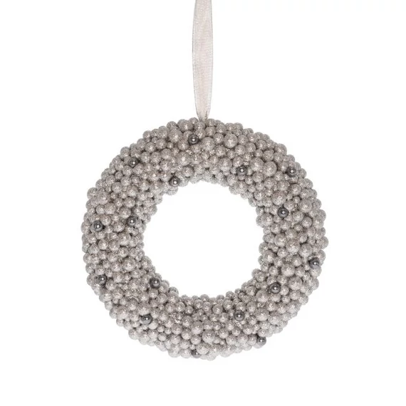 Glitteres koszorú bogyókból, műanyag, ezüst, 29 cm
