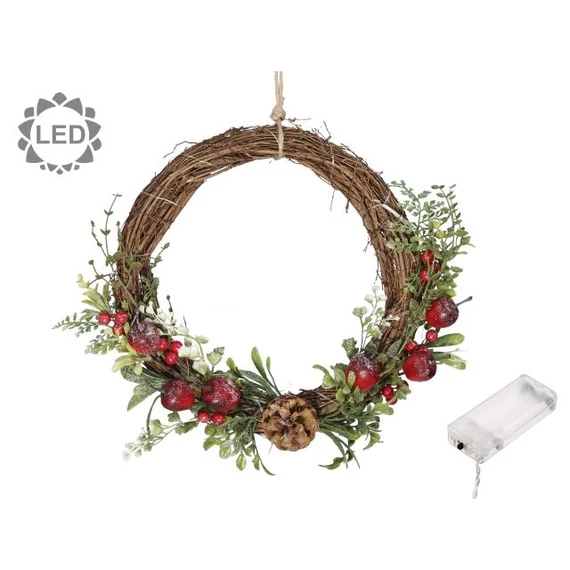 Koszorú fenyővel, bogyókkal, LED-es vessző 30 cm natúr, zöld