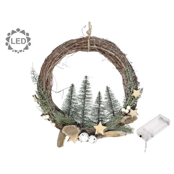 Koszorú fenyővel, csillaggal, LED-es vessző 30 cm natúr, zöld