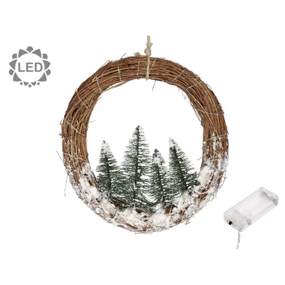 Koszorú, fenyővel, havas, LED-es, vessző, 30 cm, natúr, zöld