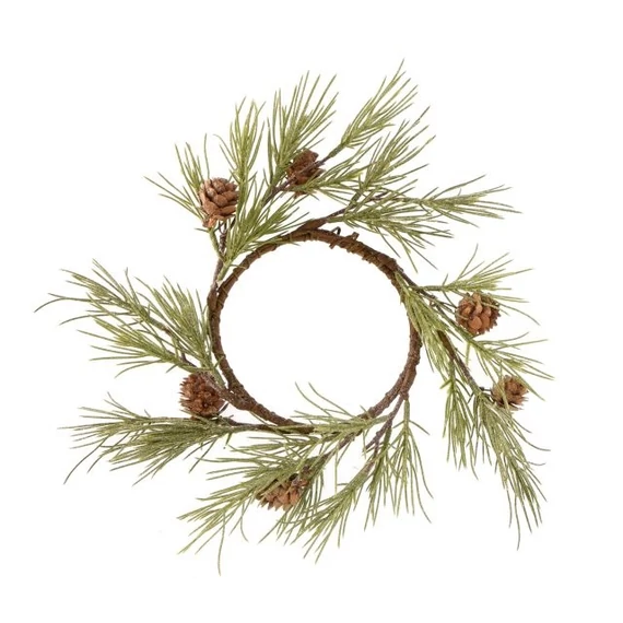 Koszorú fenyővel, tobozzal, glitteres, műanyag, 26 cm, zöld