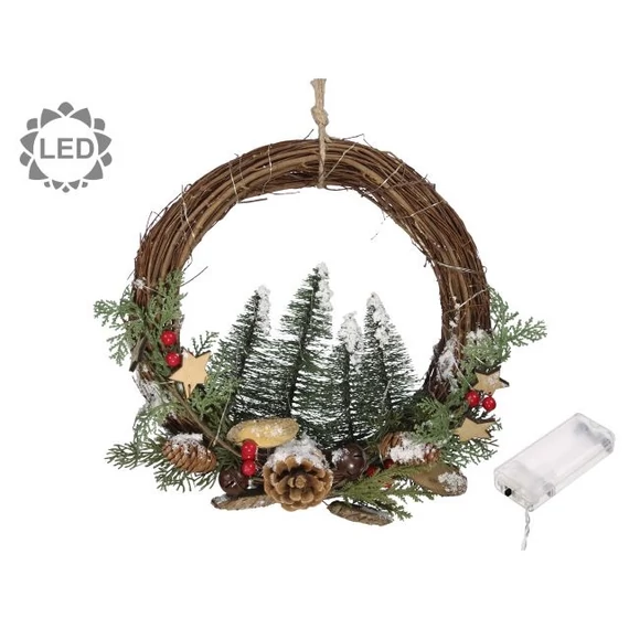 Koszorú fenyővel, tobozzal, LED-es vessző 30 cm natúr, zöld