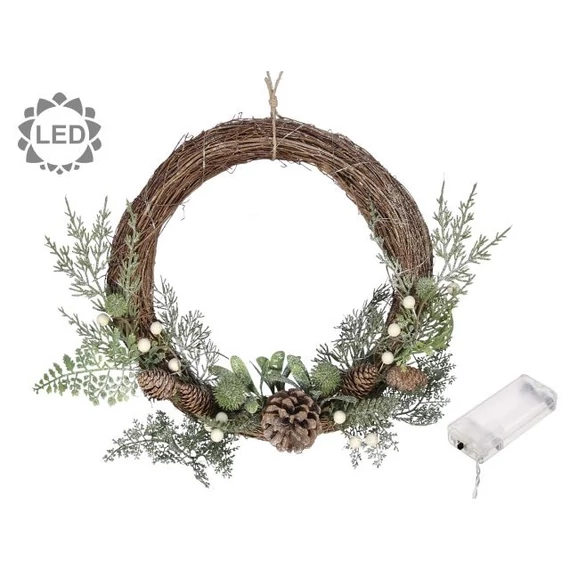 Koszorú fenyővel, tobozzal, LED-es vessző 30 cm natúr, zöld