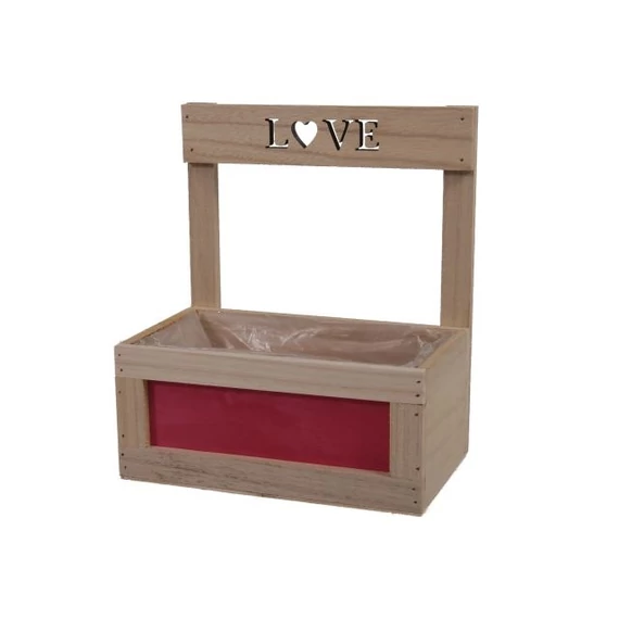 Ültethető láda, "LOVE" felirattal, fa, natúr, pink, 20,5x12,5x23,5 cm
