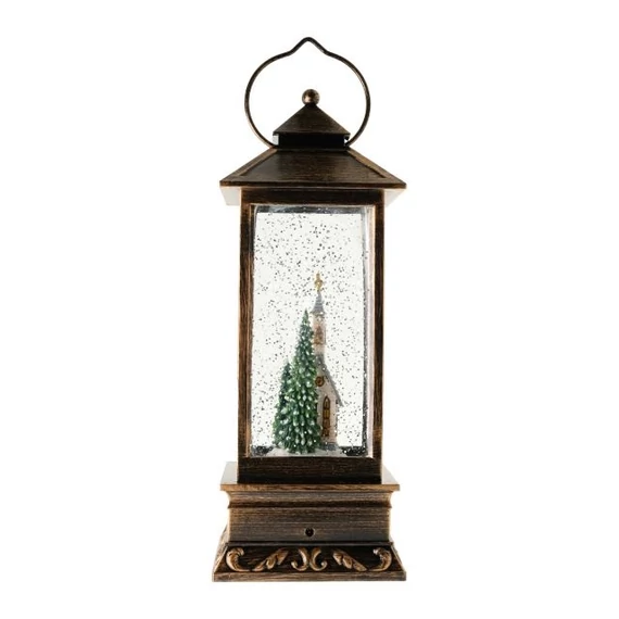Zenélő lámpás, templommal, LED-es, USB-vel, réz, 27x9 cm