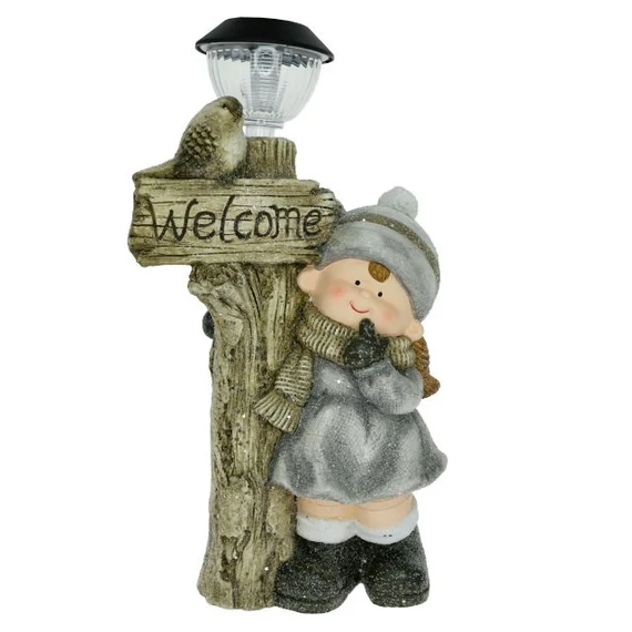"Welcome" táblával álló lány, LED-es szolár, glitteres, kerámia, 28,5x15x52,5 cm, szürke, bézs