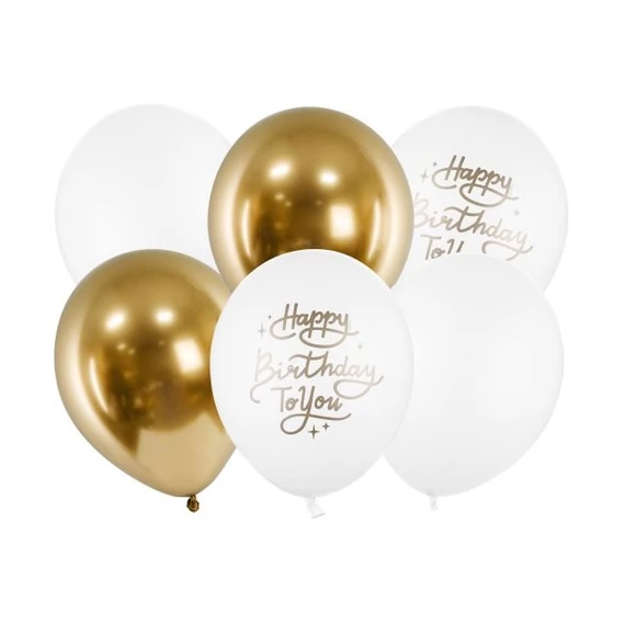 Lufi "Happy Birthday" műanyag 30cm fehér,arany 6 db