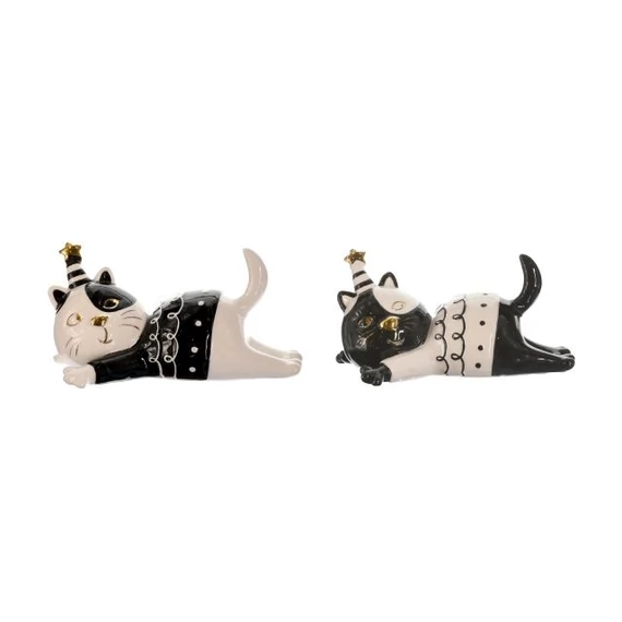 Fekvő macska, kerámia, fekete-fehér-arany, 13,2x7,9x6,5 cm, 2 féle