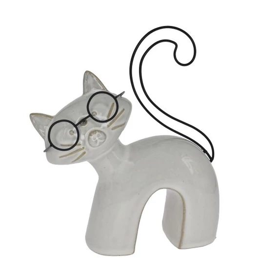 Porcelán macska szemüvegben, 10x4x11,3 cm, bézs