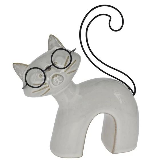 Porcelán macska szemüvegben, 12,5x4,3x15,8 cm, bézs