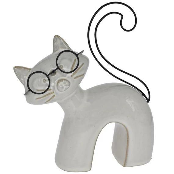 Porcelán macska szemüvegben, 16,5x6x20,5 cm, bézs