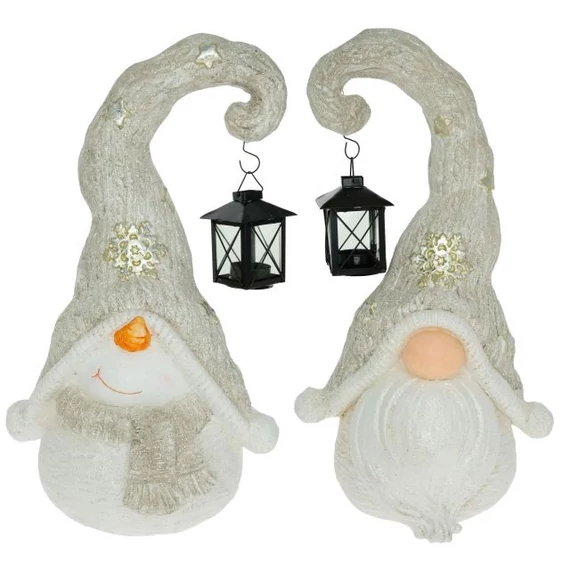 Manó hóember sapkáján lámpással, glitteres, kerámia, 26,5x21,2x46 cm, szürke, fehér, 2 féle