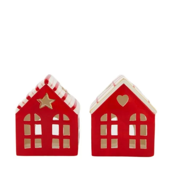 Porcelán ház alakú mécsestartó 10,6x7x12,5 cm piros, fehér (2 féle)