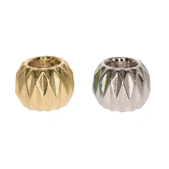 Mintás mécsestartó, kerámia, 8,2x8,2x5,8 cm, ezüst és arany, 2 féle