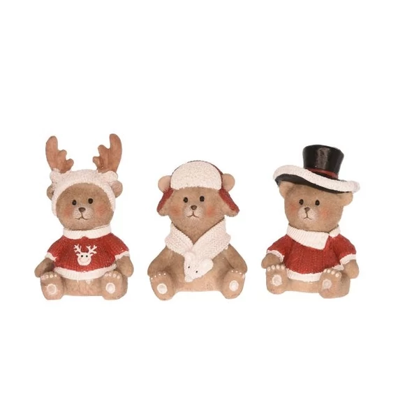 Medve sapkában ülő dekoráció, 5x4,5x6,5 cm, piros-fehér, 3 féle