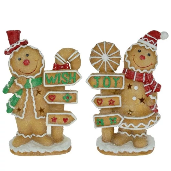Álló mézeskalács figura táblával, LED-es, kerámia, 27x13,3x40,6 cm, bézs, fehér, 2 féle