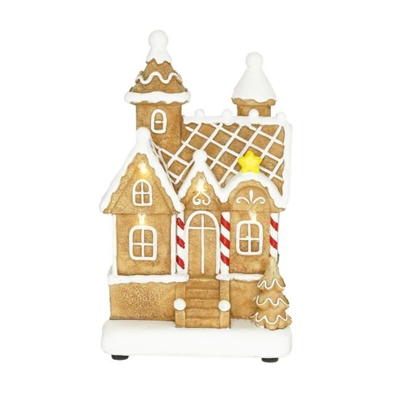 Mézeskalács ház, LED-es poly 12x10x19,5 cm barna, fehér