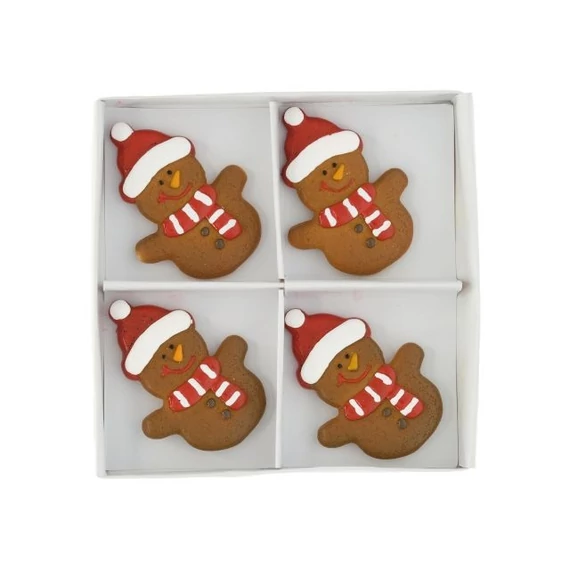 Öntapadós mézeskalács hóember, poly, 3,7x5,1x0,7 cm, barna, fehér, 4 db