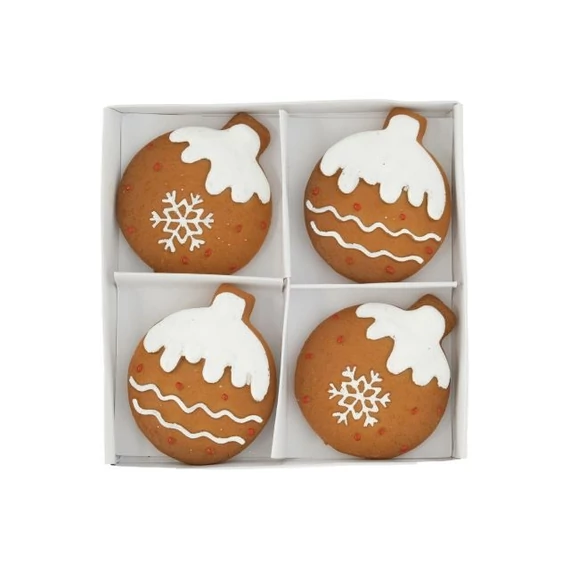 Öntapadós mézeskalács karácsonyfadísz, poly, 4,3x5,1x0,9 cm, barna, fehér, 4 db